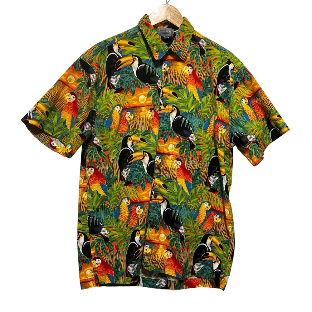 Vintage High Seas Mens Tropical Hawaiian Shirt M Green Toucan Parrot 90s USA